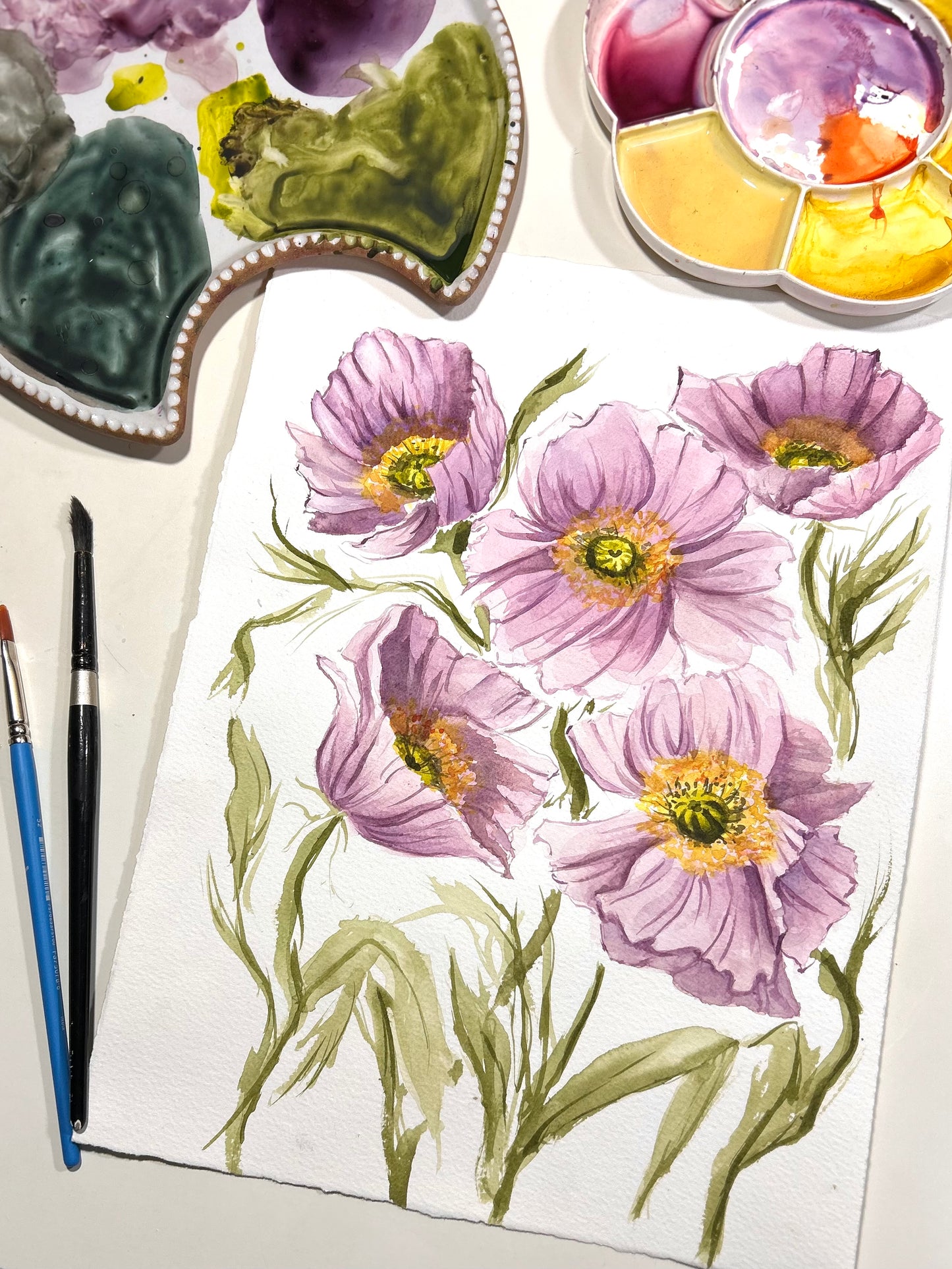 Lilac Poppies Original Watercolor Painting - 9x12"