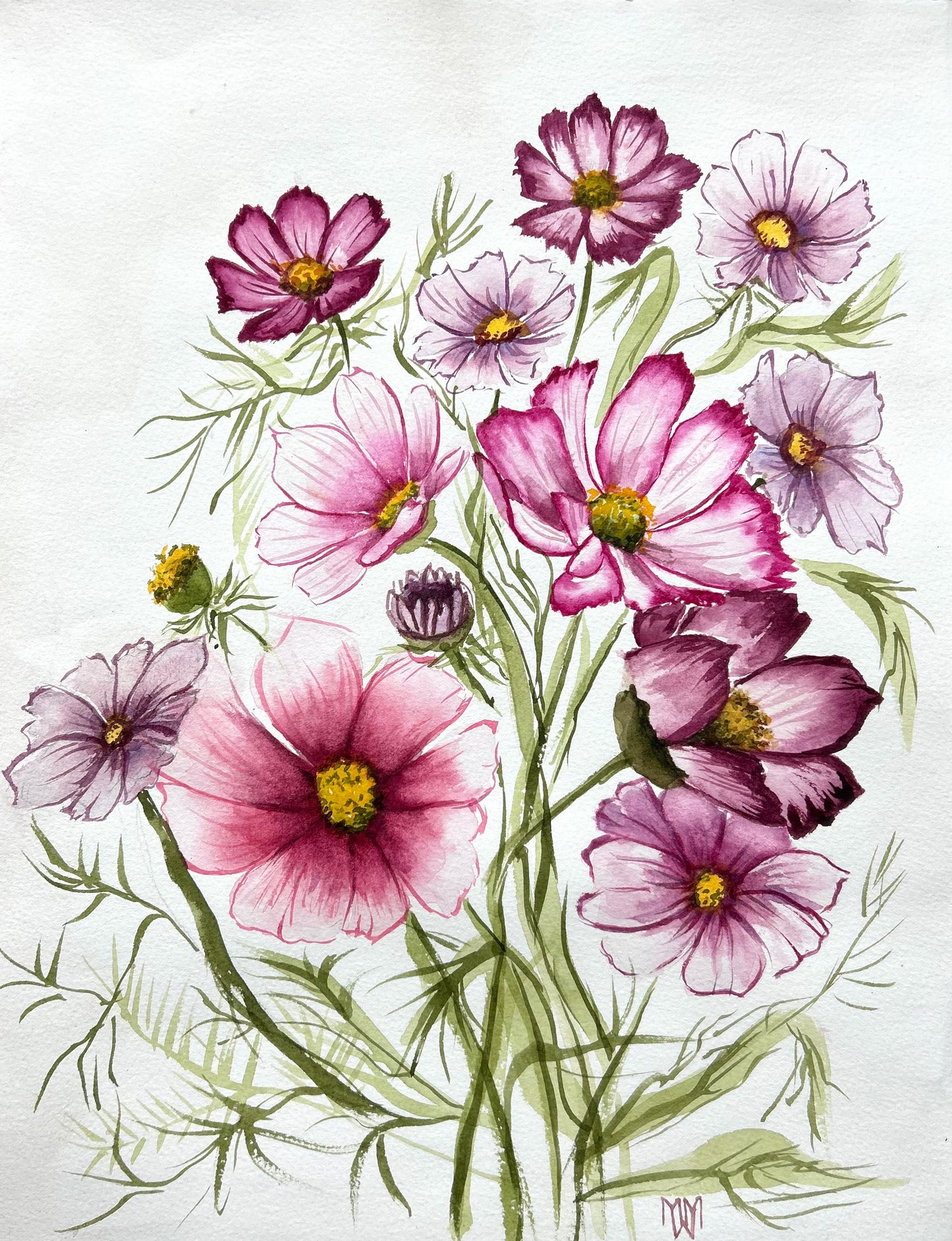 Mixed Cosmos Original Watercolor Painting 11x15"