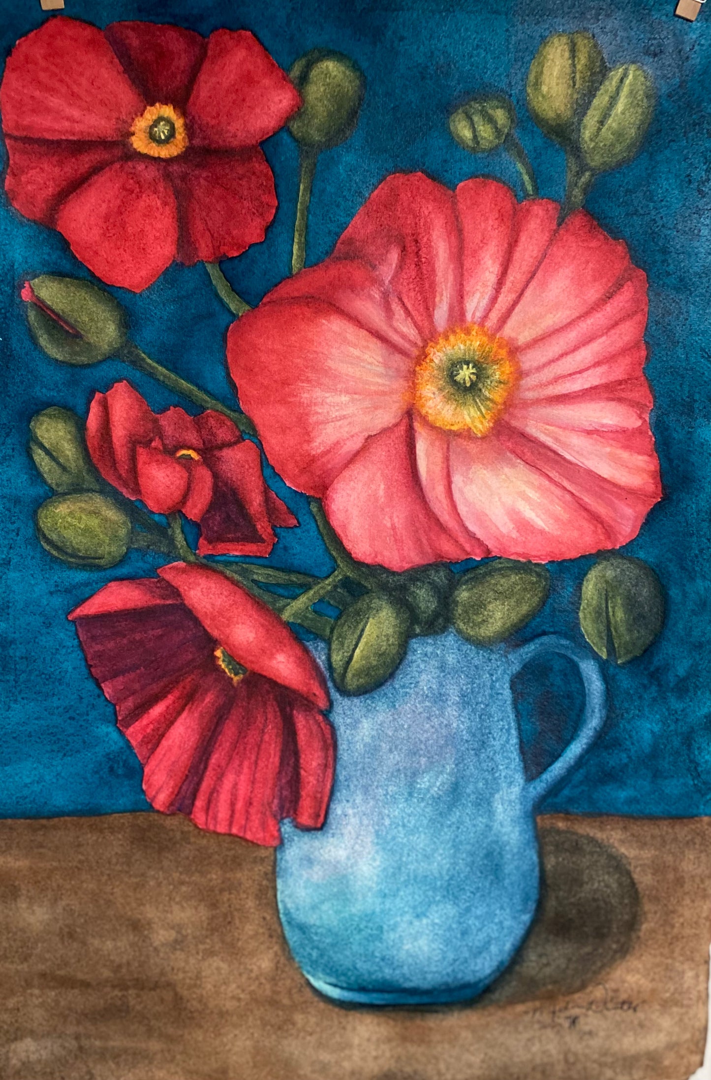 Red Poppies in Blue Pitcher Still Life Original Watercolor Painting