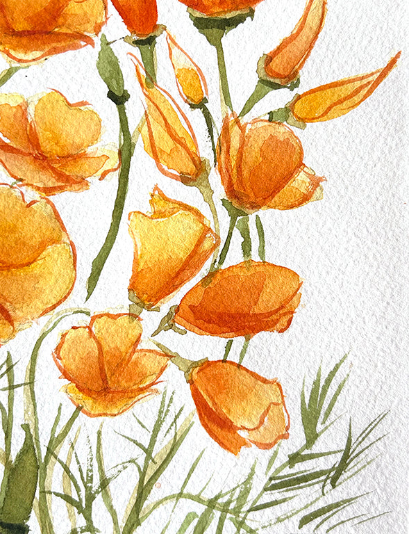 Golden Poppies 2 Original Watercolor Painting - 8X10"