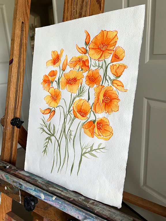 Golden Poppies 1 Original Watercolor Painting - 11x15"