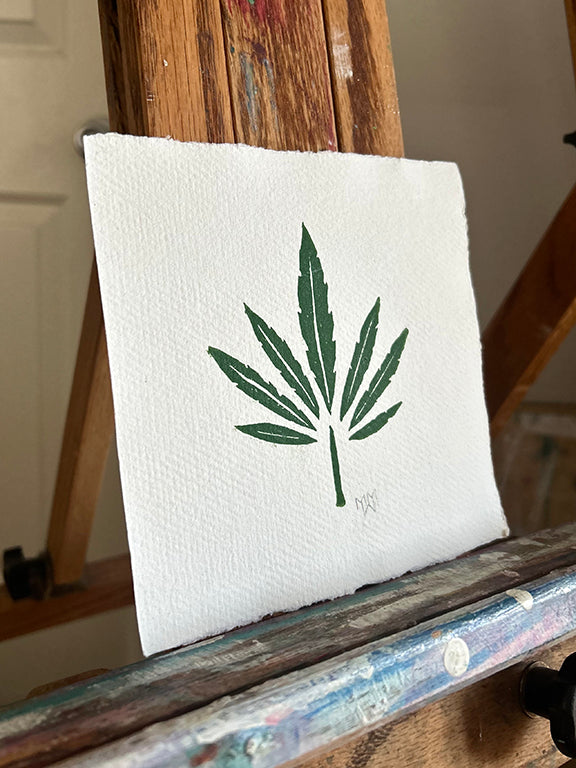 Cannabis Leaf in Green - Original Hand Pulled Linocut Print