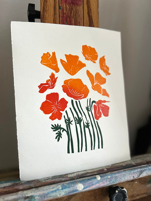 California Poppies - Original Hand Pulled Linocut Print COLOR