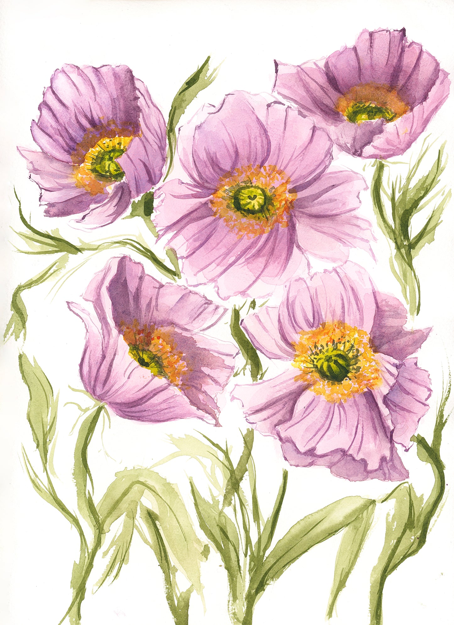 Lilac Poppies Original Watercolor Painting - 9x12"