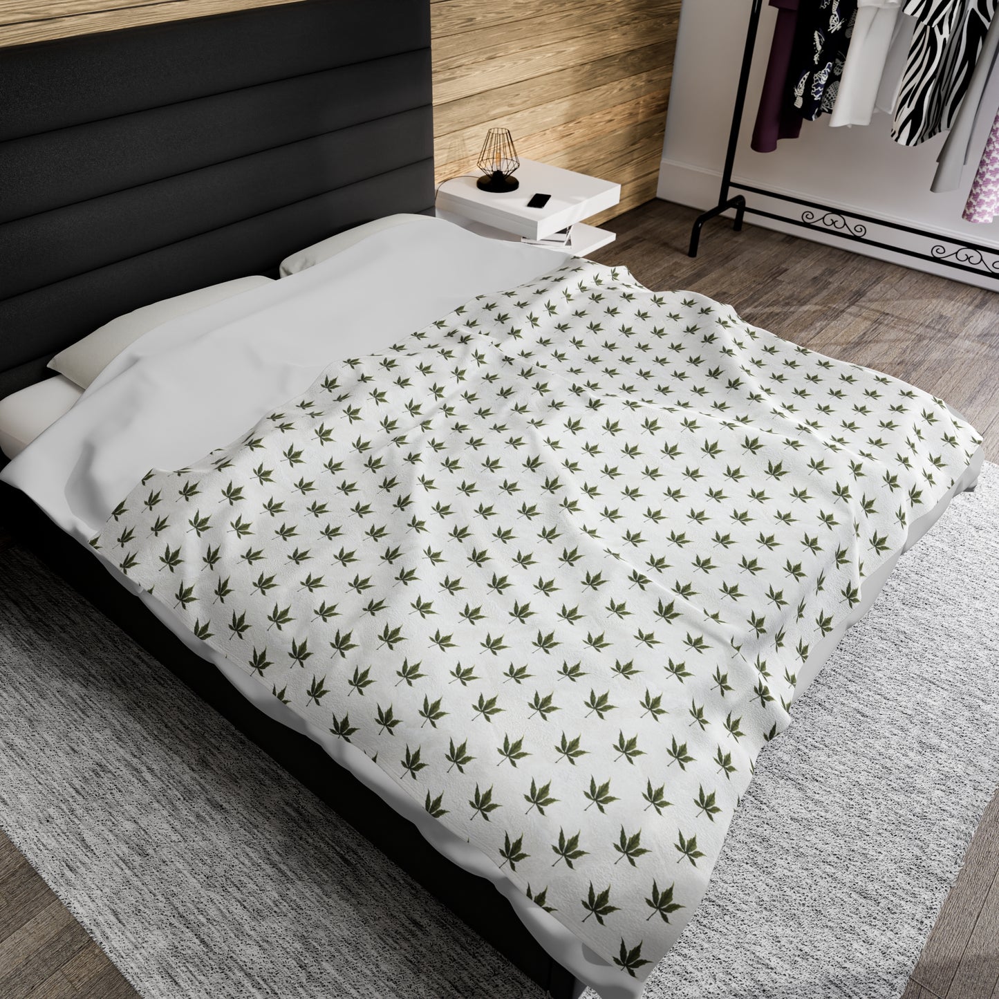 Velveteen Plush Blanket - Mini Cannabis Leaf Print, White