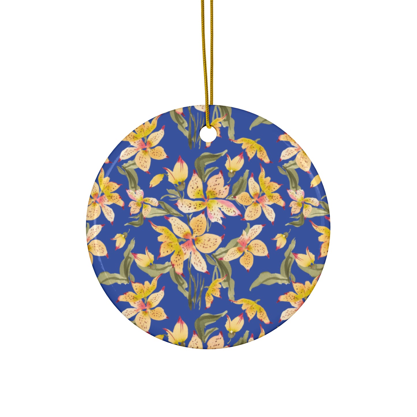 Ceramic Holiday Ornaments - Alstromerias on Blue