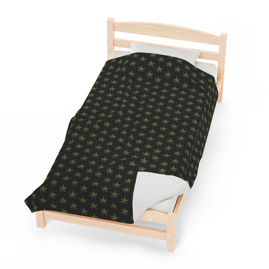 Velveteen Plush Blanket - Mini Cannabis Leaf Print, Black