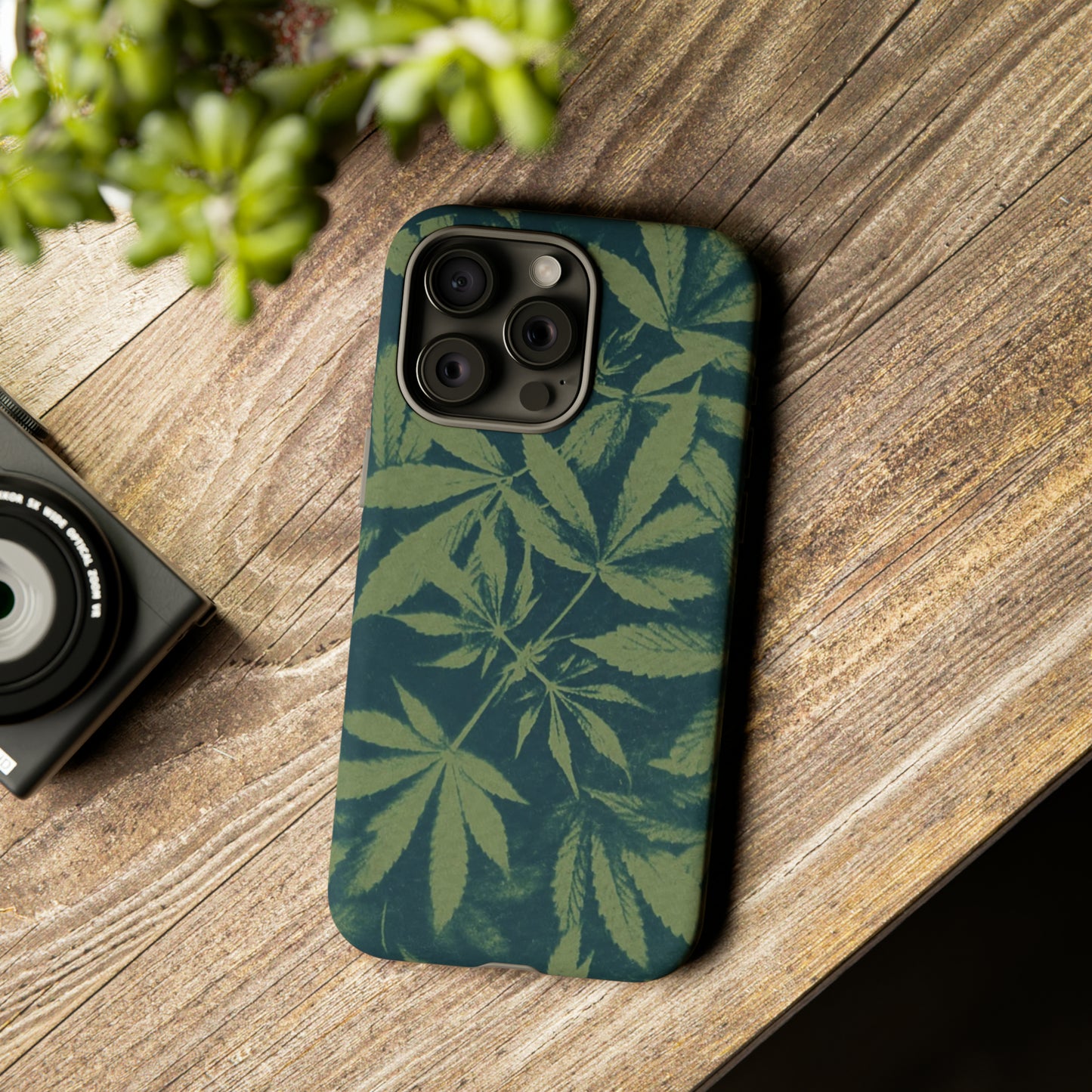 Tough Cell Phone Cases - Cannabis Field Cyanotype on Olive Print