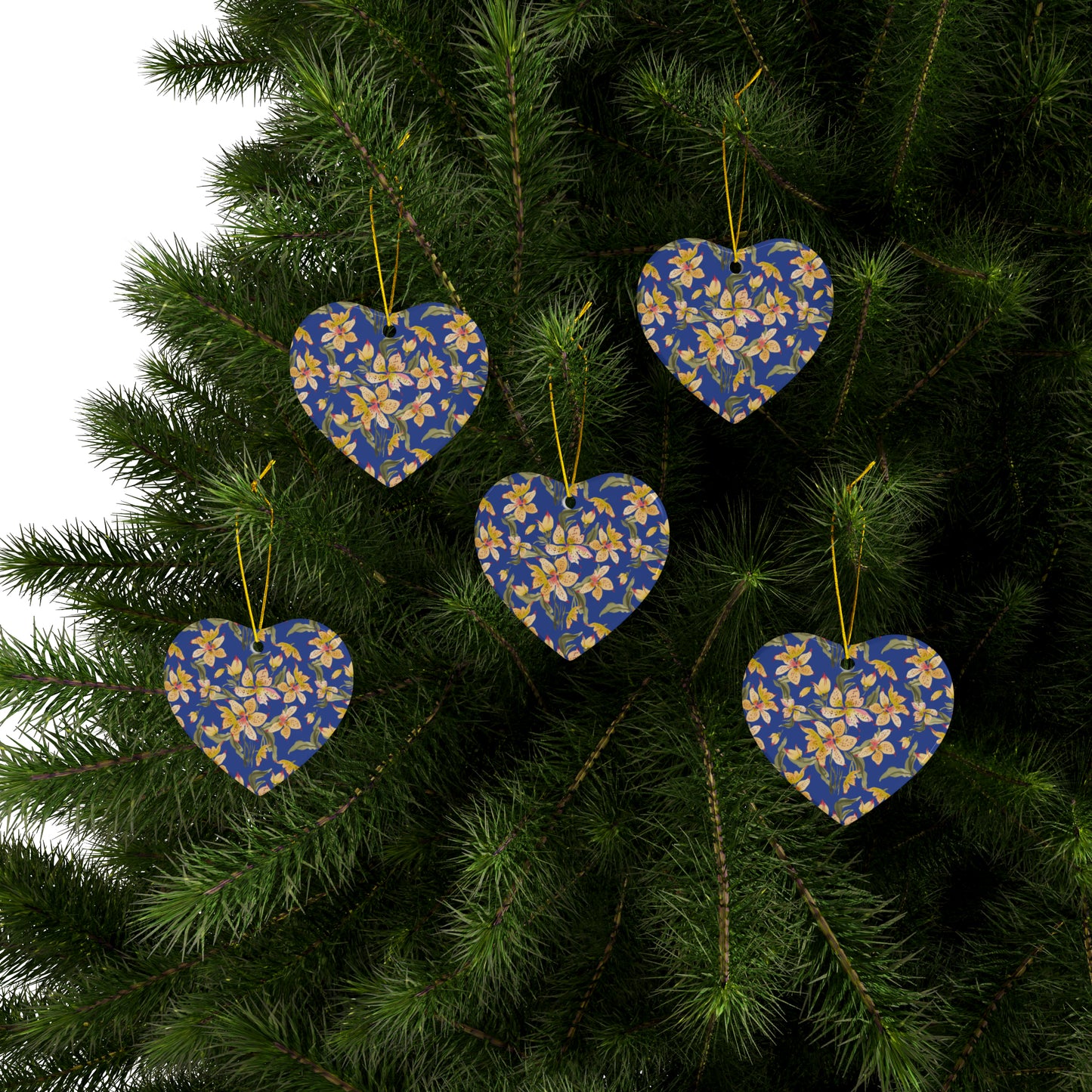 Ceramic Holiday Ornaments - Alstromerias on Blue