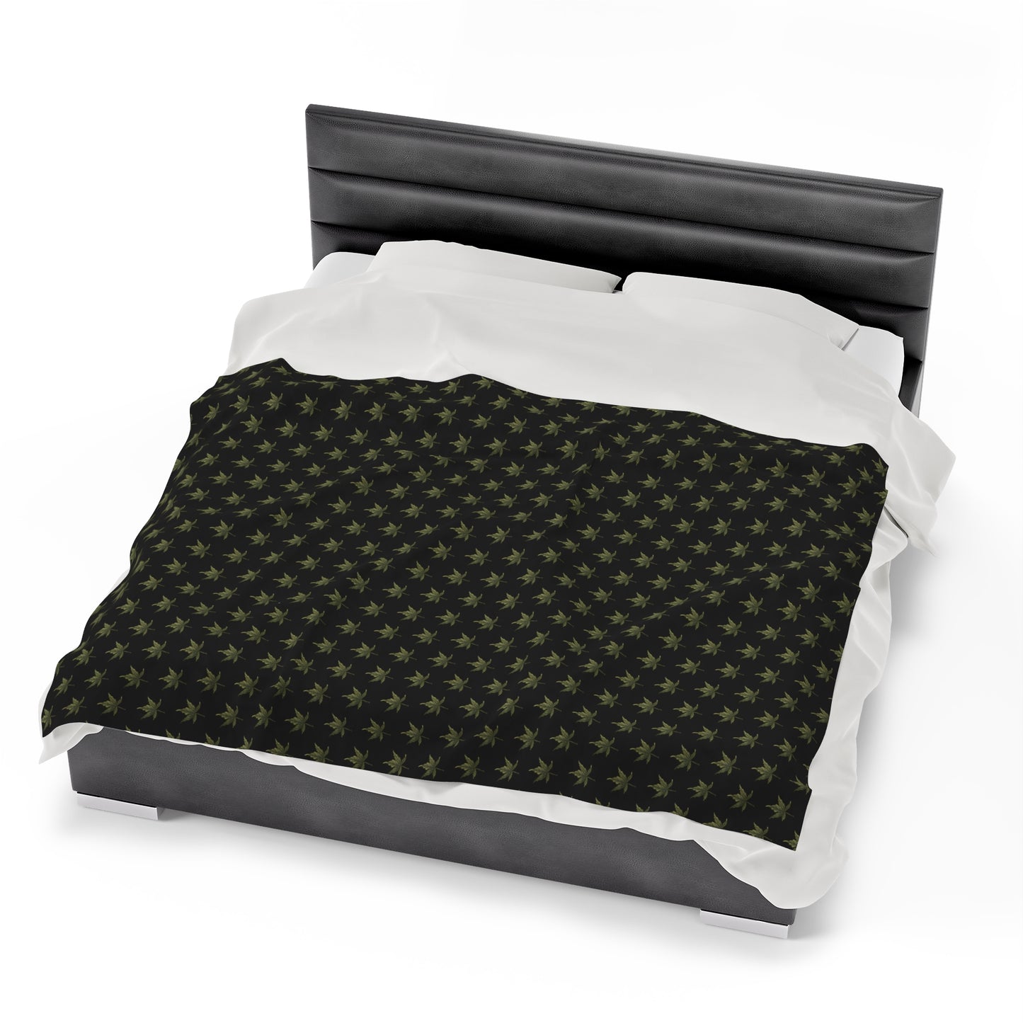 Velveteen Plush Blanket - Mini Cannabis Leaf Print, Black