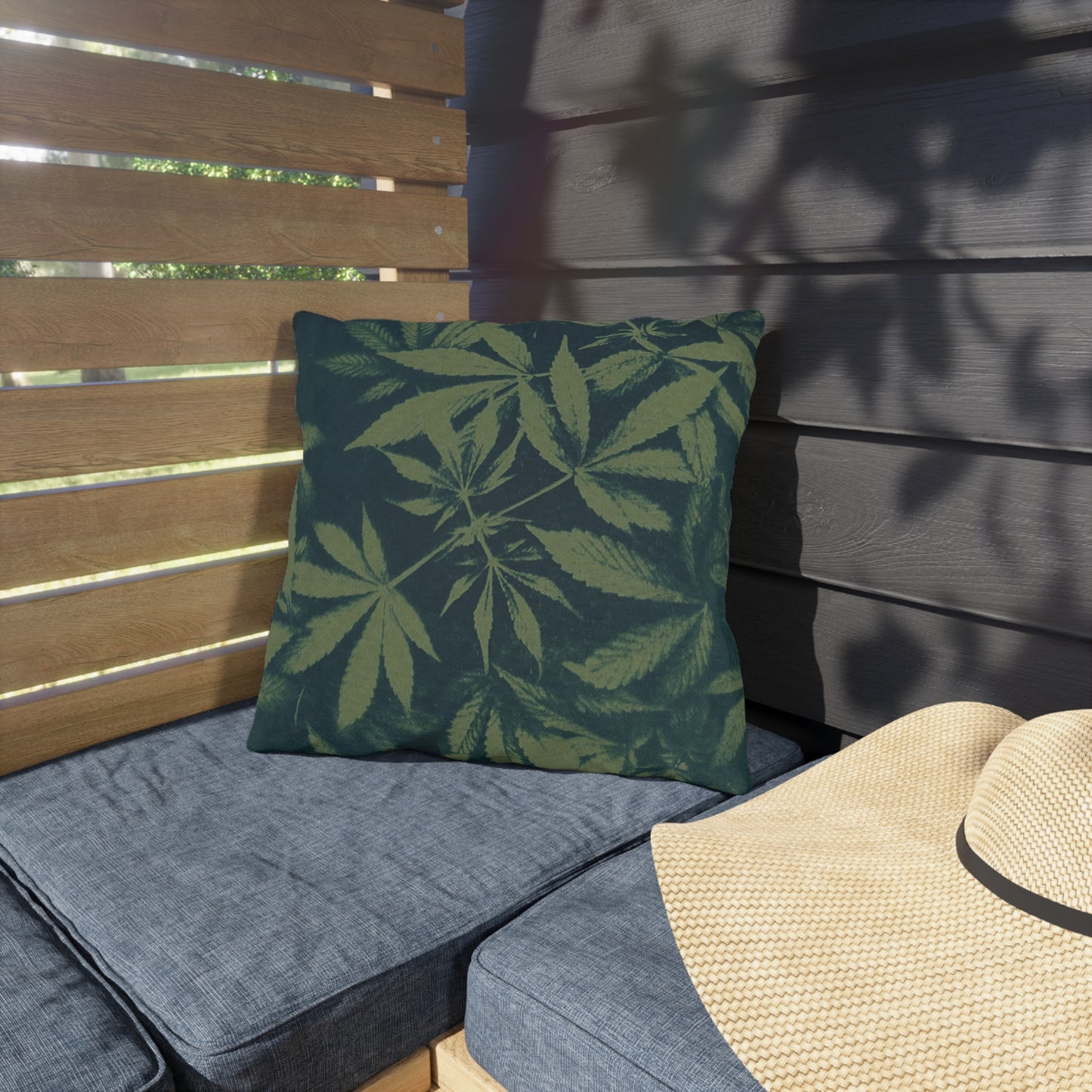 Outdoor Decorative Pillows - UV/H2O/Mildew Resistant - Cannabis Field Cyanotype on Olive Print