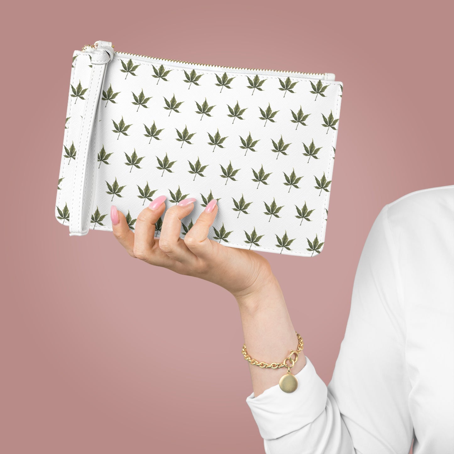 Vegan Leather Clutch Bag - Cannabis Leaf Print on White