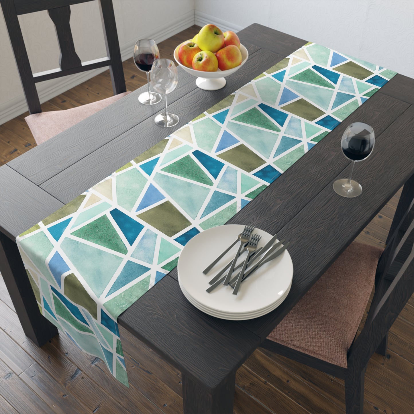 Table Runner 100% Cotton - Aqua Geo