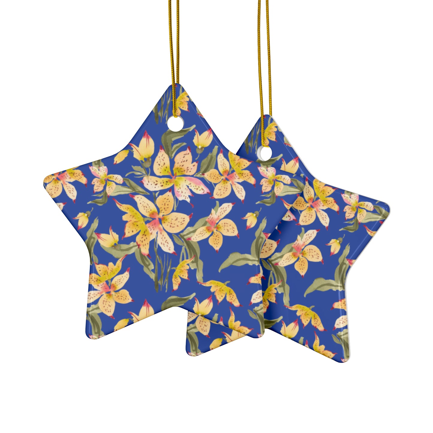 Ceramic Holiday Ornaments - Alstromerias on Blue