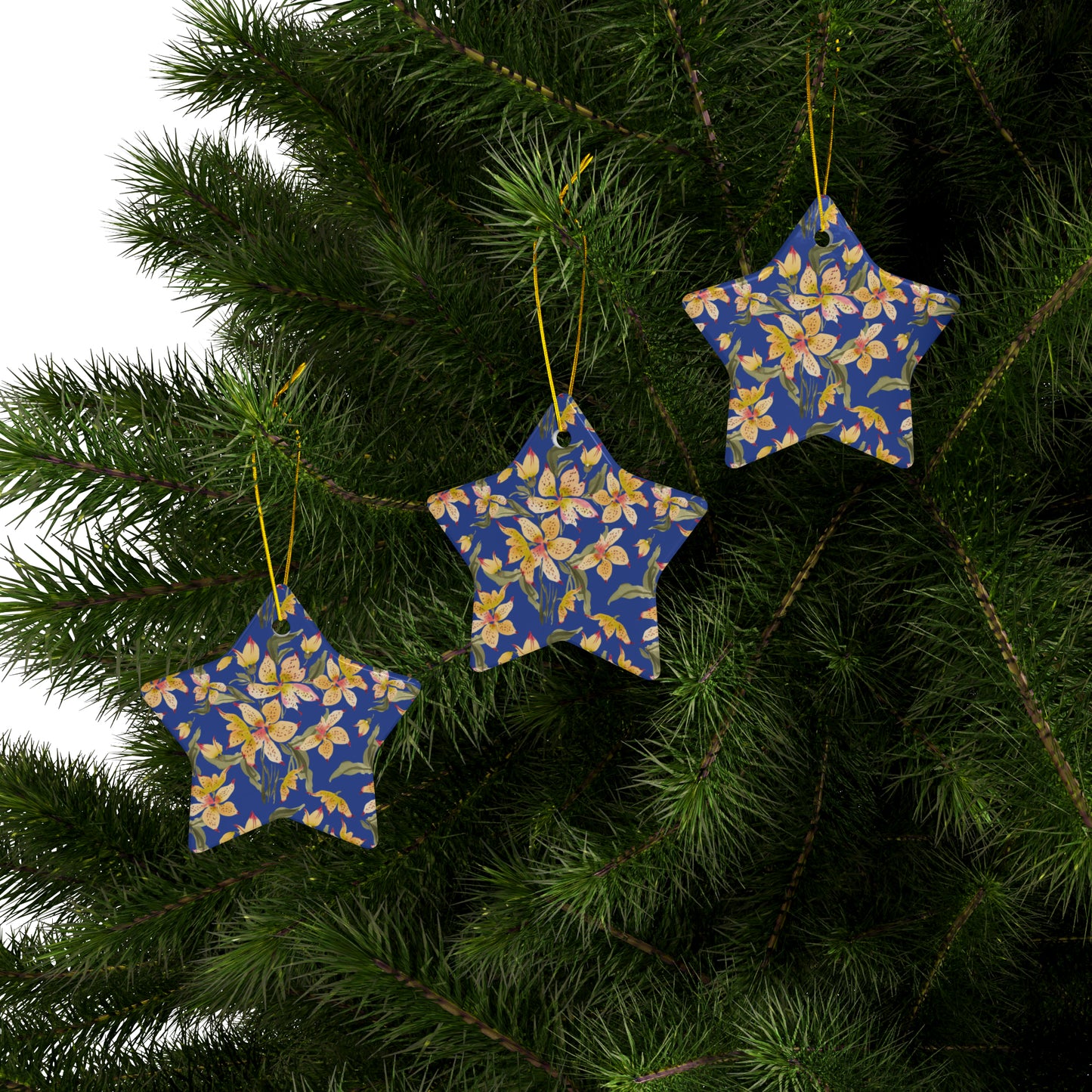 Ceramic Holiday Ornaments - Alstromerias on Blue