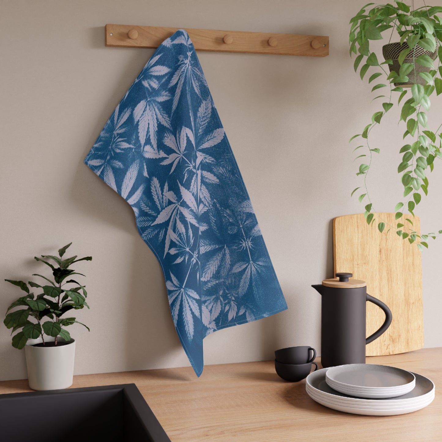 100% Cotton Twill Kitchen Towel - Cannabis Field Cyanotype on Lavender Print