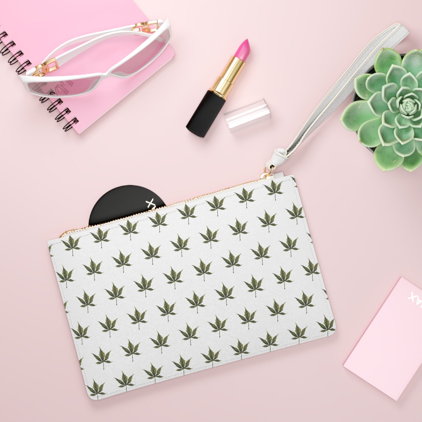 Vegan Leather Clutch Bag - Cannabis Leaf Print on White