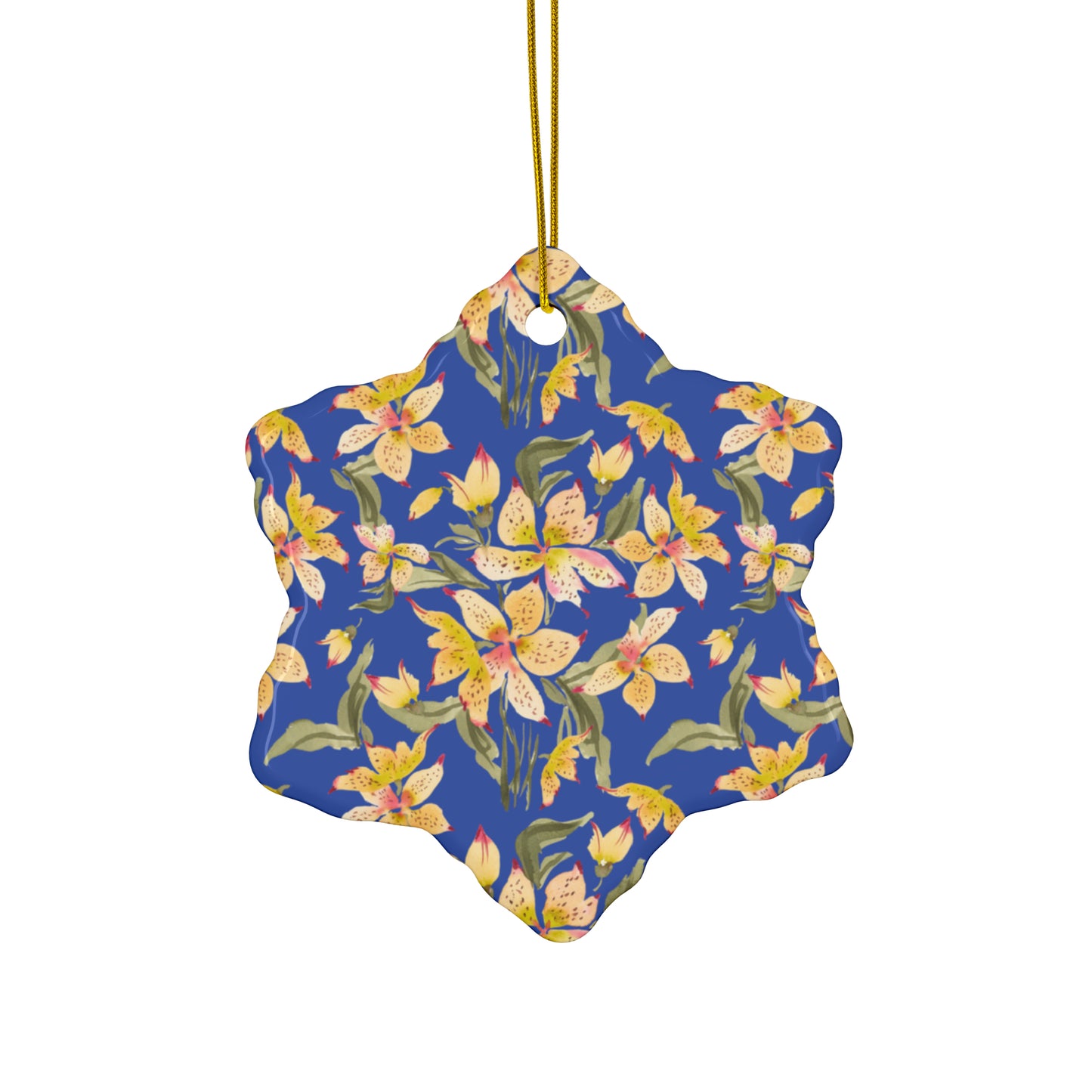 Ceramic Holiday Ornaments - Alstromerias on Blue