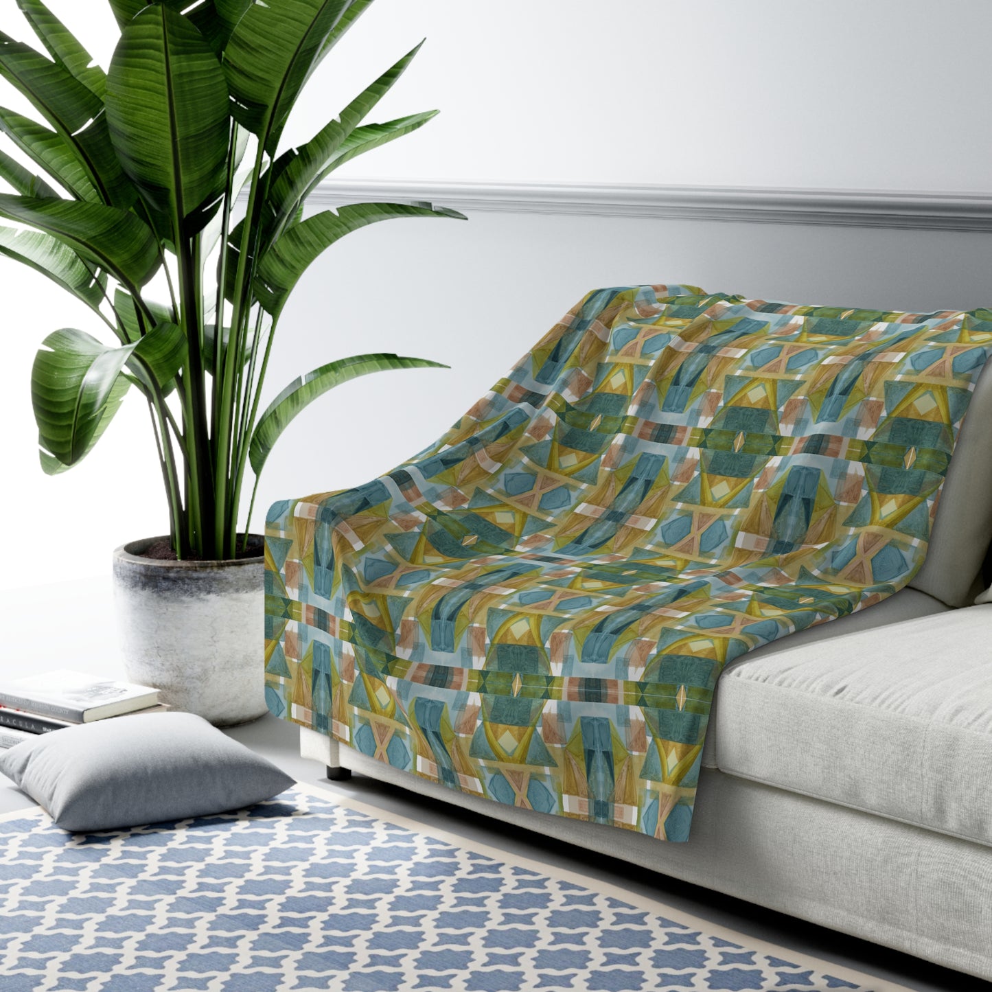 Sherpa Fleece Blanket - Painterly Plaid, Cool Colors