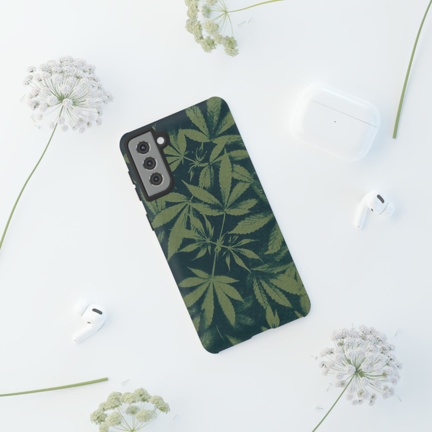 Tough Cell Phone Cases - Cannabis Field Cyanotype on Olive Print