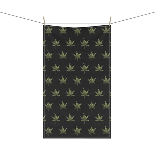 100% Cotton Twill Kitchen Towel - Mini Cannabis Leaf Print on Black