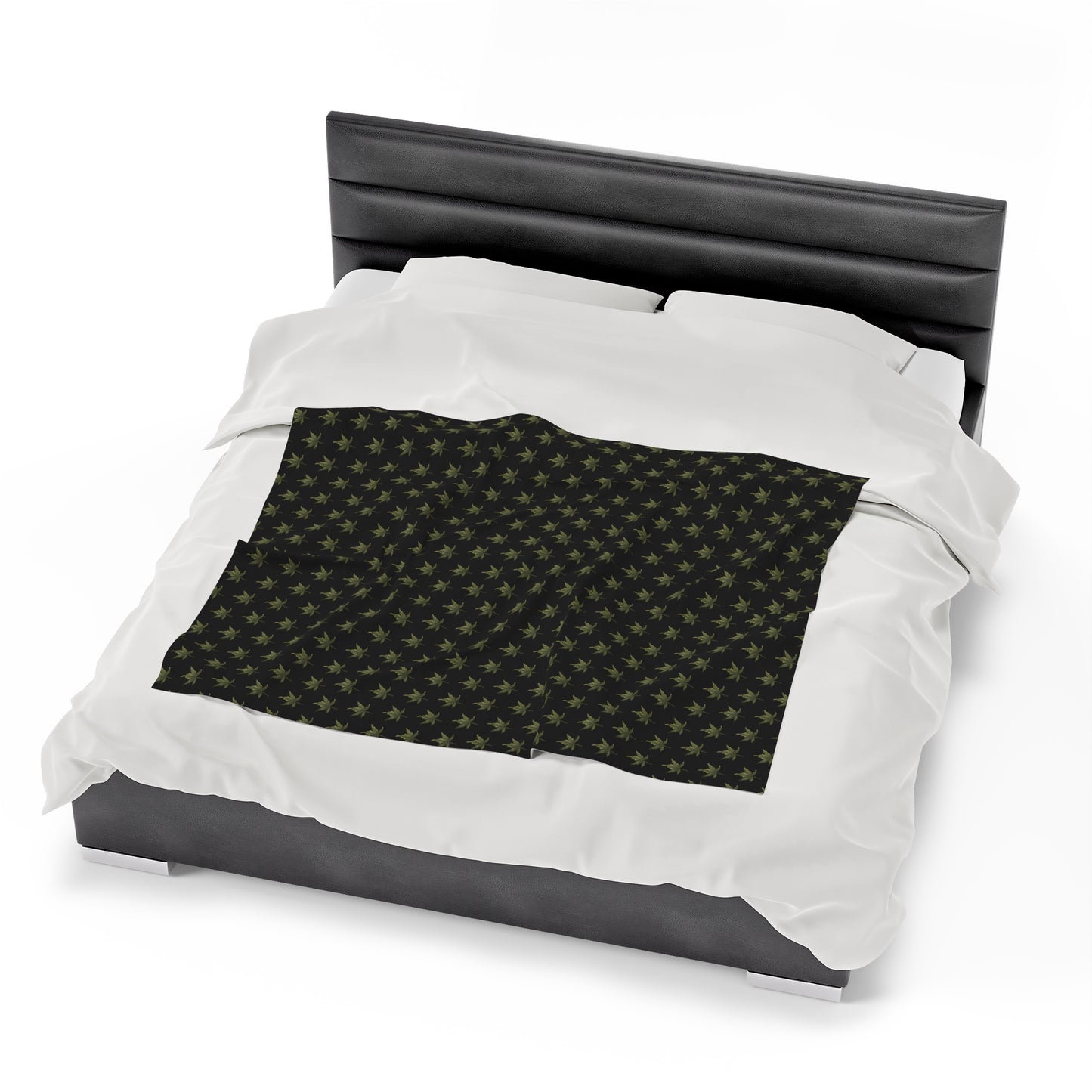 Velveteen Plush Blanket - Mini Cannabis Leaf Print, Black