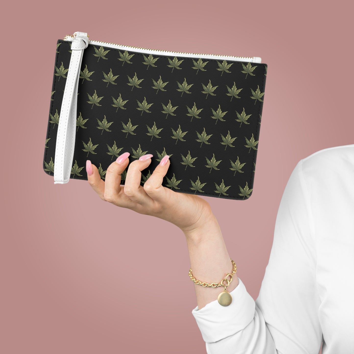 Vegan Leather Clutch Bag - Cannabis Leaf Print on Black