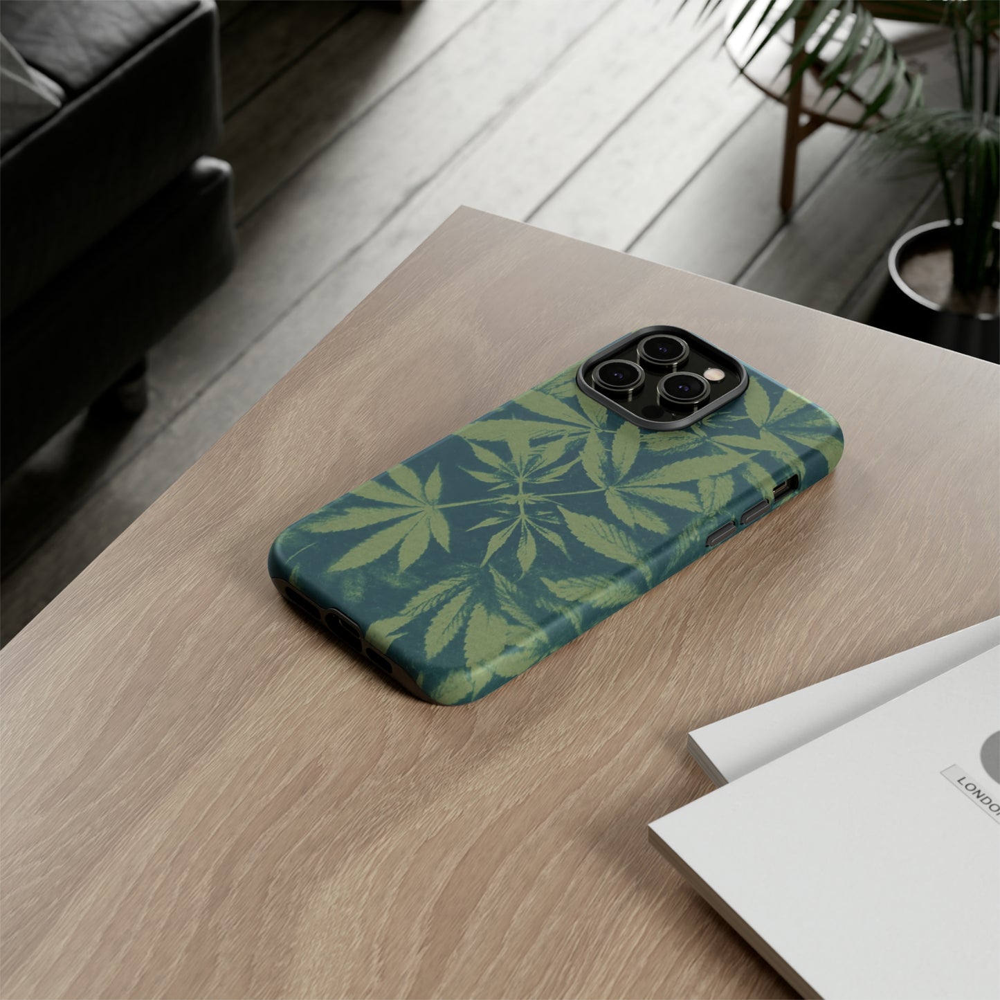 Tough Cell Phone Cases - Cannabis Field Cyanotype on Olive Print