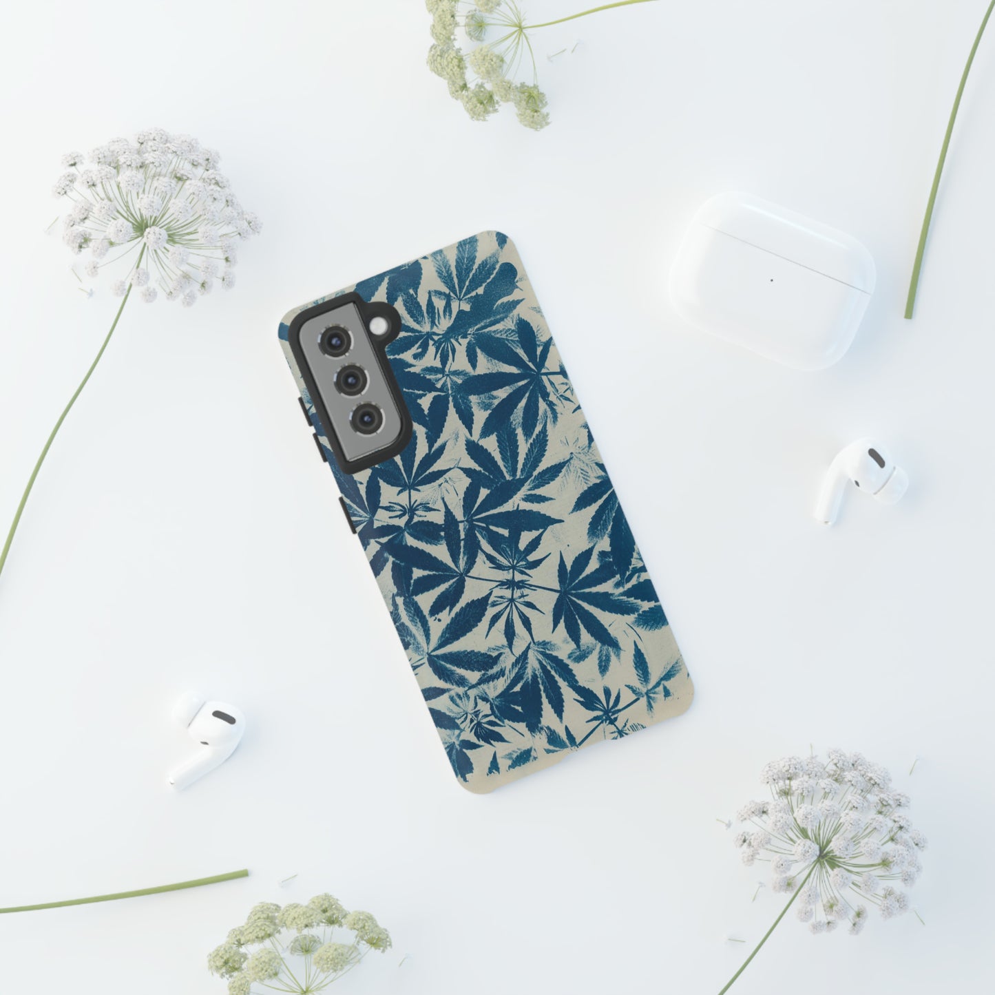 Tough Cell Phone Cases -Cannabis Field Cyanotype on Ivory Print