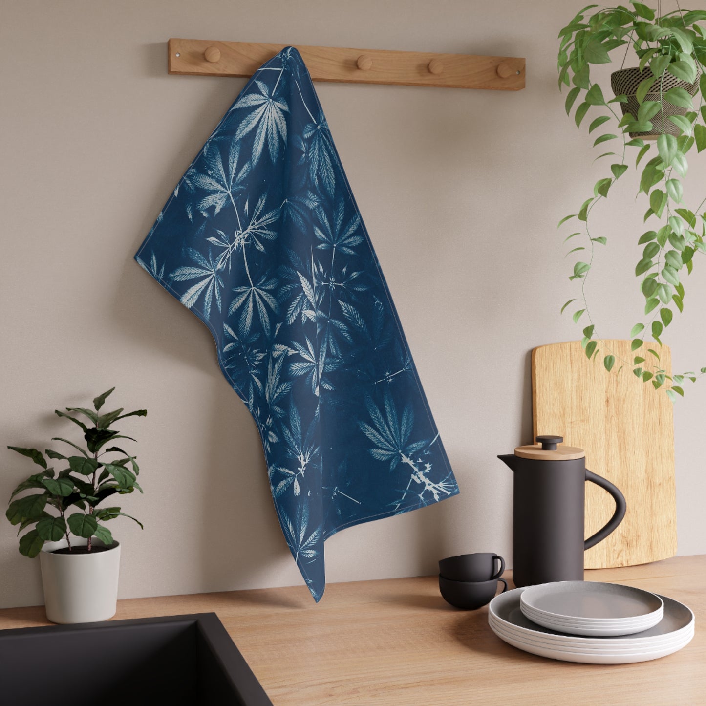 100% Cotton Twill Kitchen Towel - Cannabis Field Cyanotype Print 1