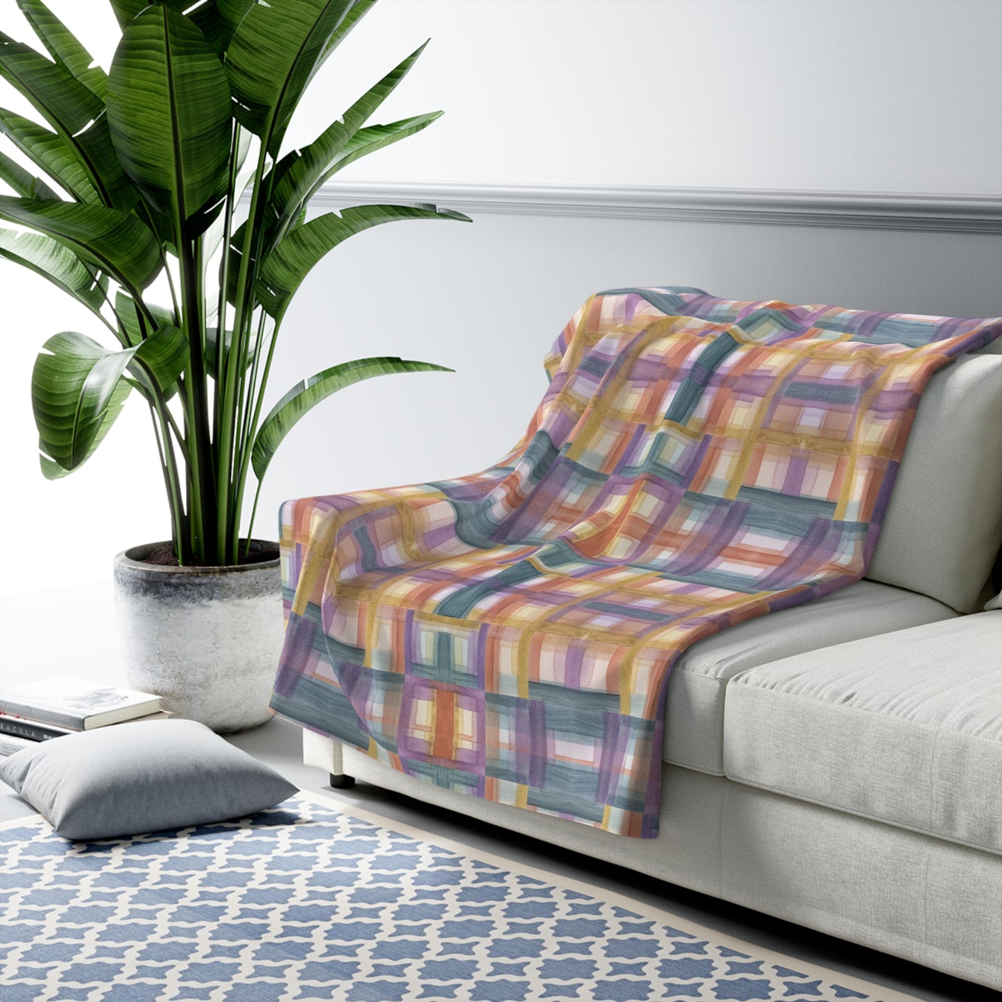 Sherpa Fleece Blanket - Painterly Plaid, Warm Colors