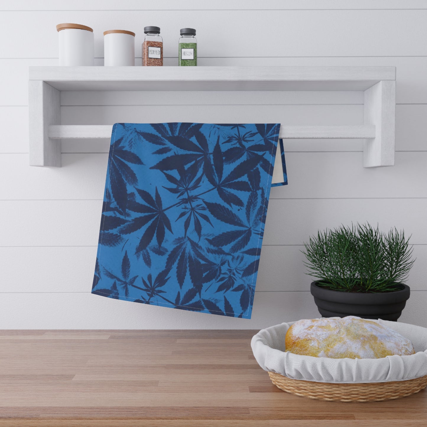 100% Cotton Twill Kitchen Towel - Cannabis Field Cyanotype on Bright Blue Print