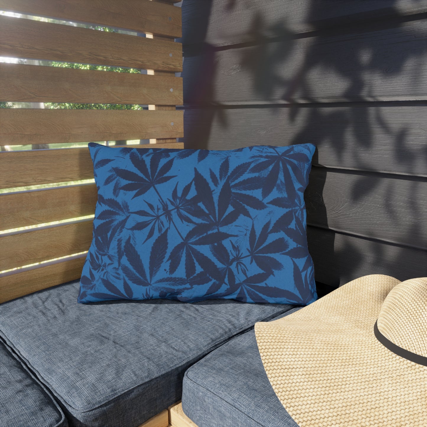 Outdoor Decorative Pillows - UV/H2O/Mildew Resistant - Cannabis Field Cyanotype on Bright Blue Print