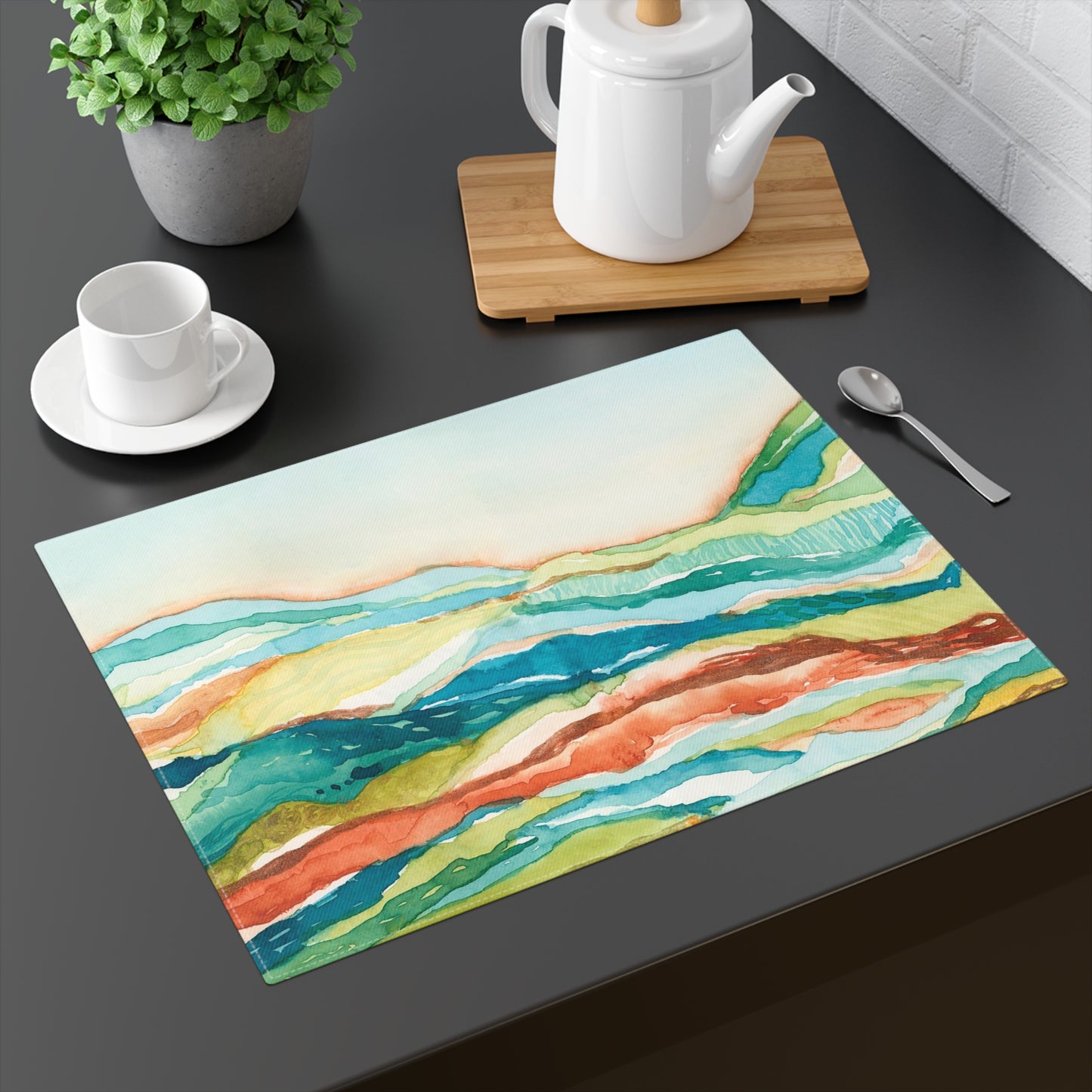 100% Cotton Placemat, 1pc - Watercolor Mountain Landscape