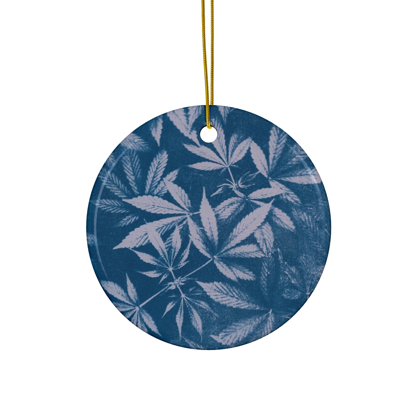 Ceramic Holiday Ornament - Cannabis Field Cyanotype on Lavender Print