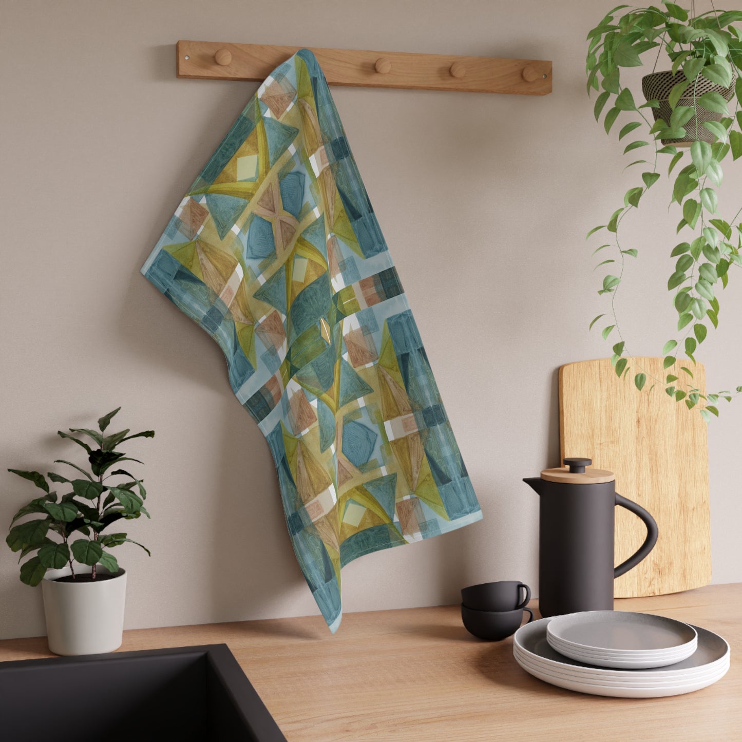 100% Cotton Twill Kitchen Towel - Geometric Abstract, blue green