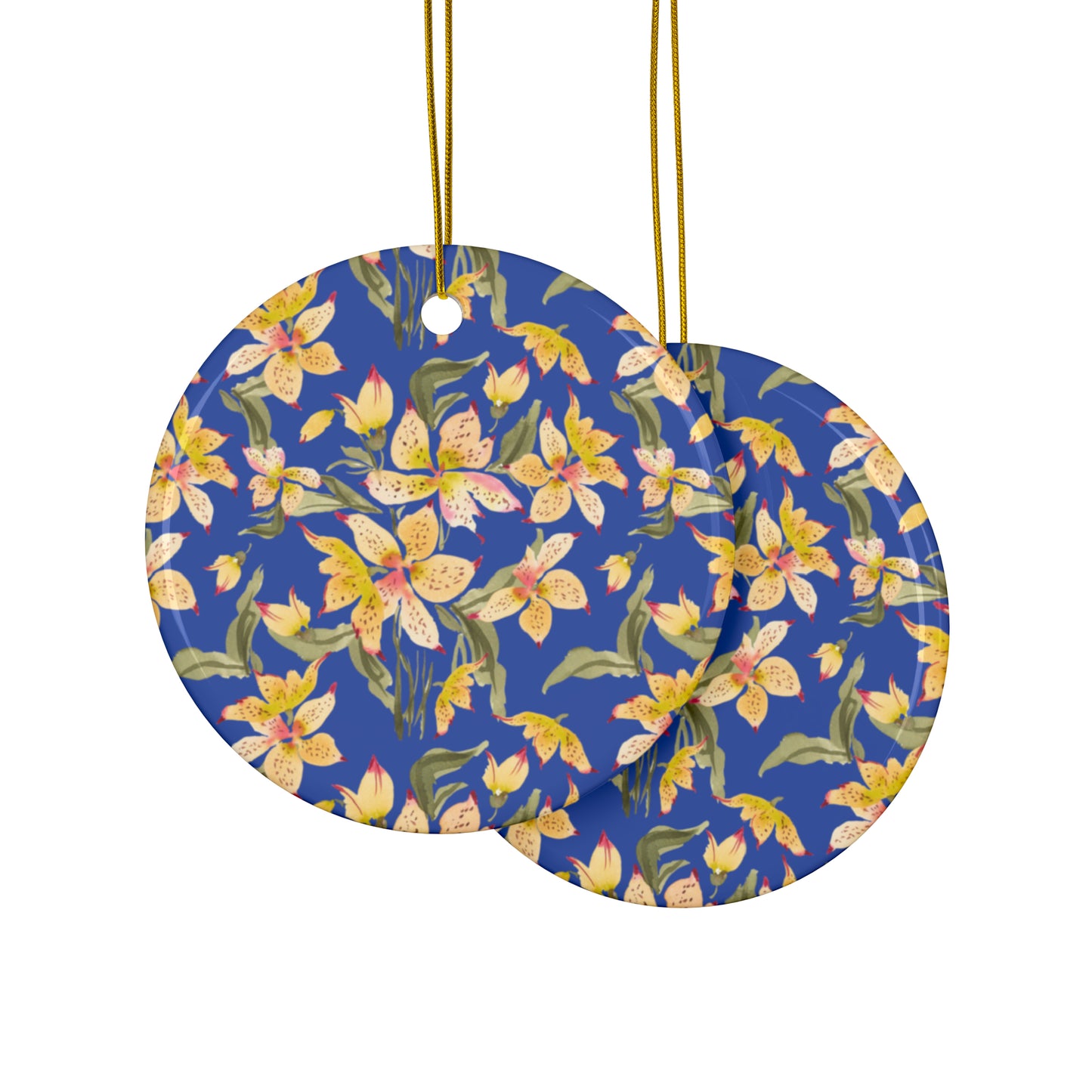 Ceramic Holiday Ornaments - Alstromerias on Blue