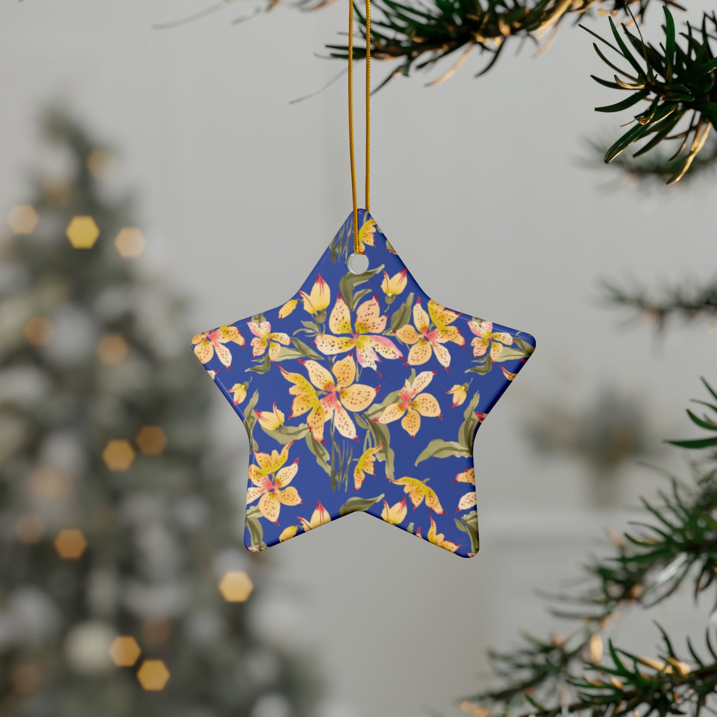 Ceramic Holiday Ornaments - Alstromerias on Blue