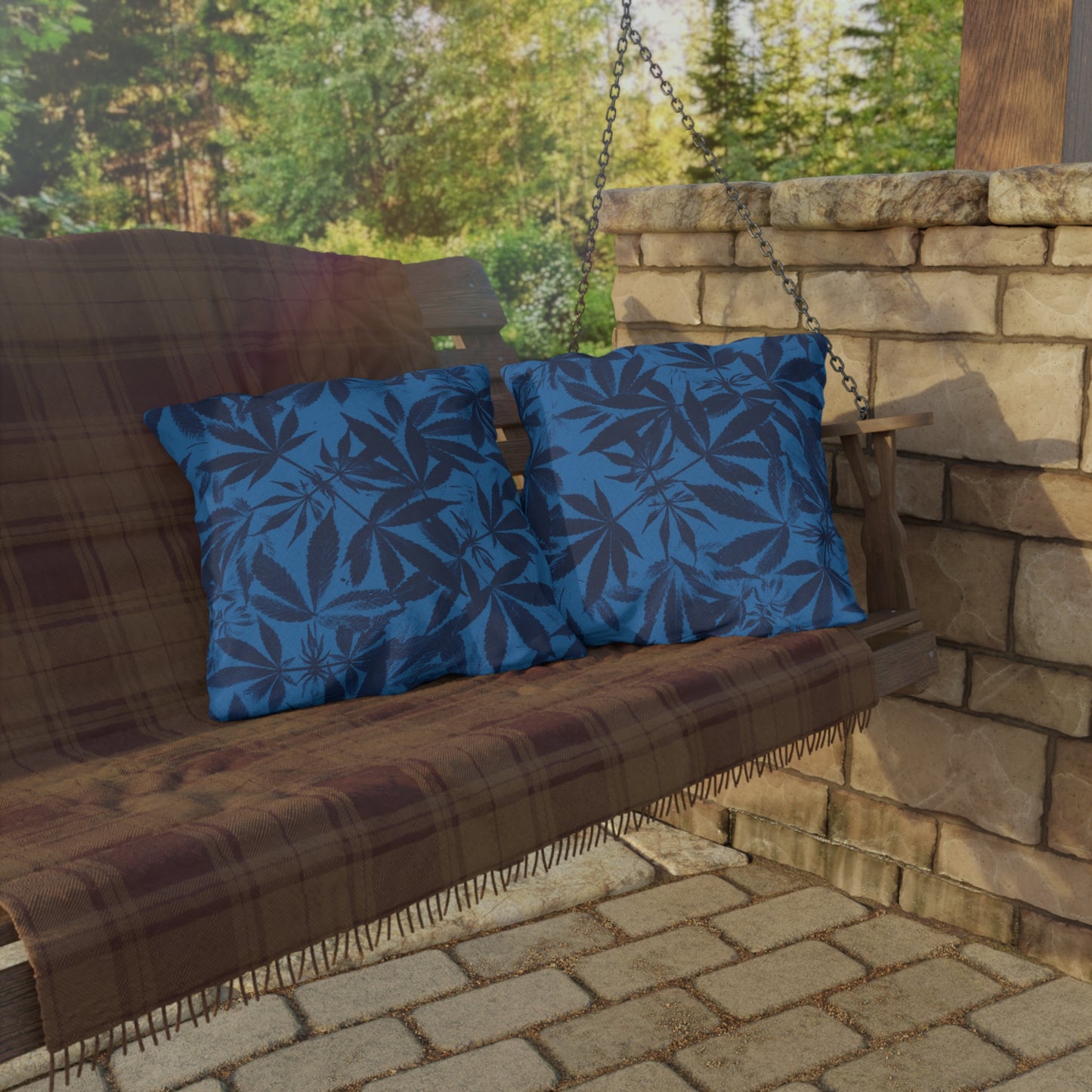 Outdoor Decorative Pillows - UV/H2O/Mildew Resistant - Cannabis Field Cyanotype on Bright Blue Print