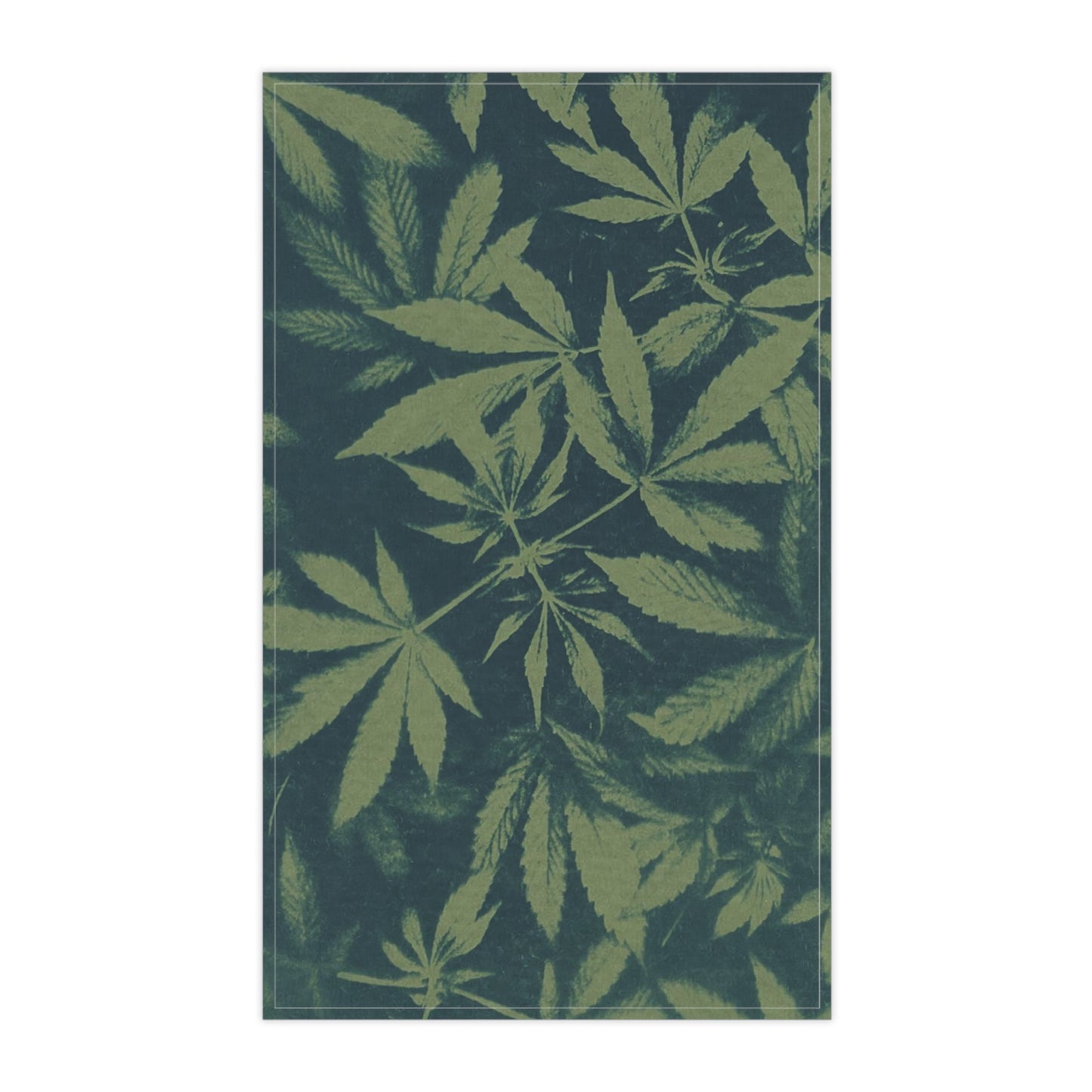 100% Cotton Twill Kitchen Towel - Cannabis Field Cyanotype on Olive Print