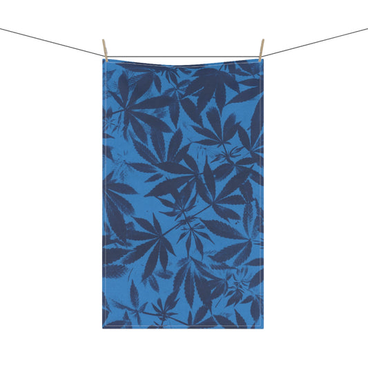 100% Cotton Twill Kitchen Towel - Cannabis Field Cyanotype on Bright Blue Print