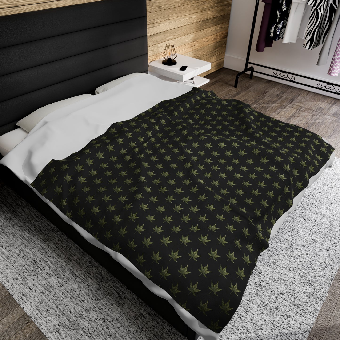 Velveteen Plush Blanket - Mini Cannabis Leaf Print, Black