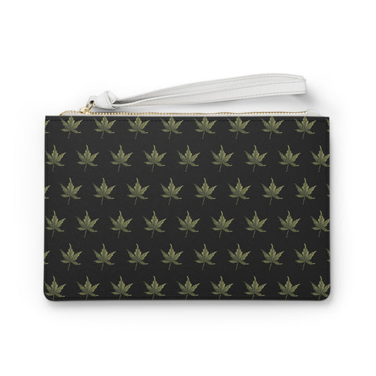 Vegan Leather Clutch Bag - Cannabis Leaf Print on Black