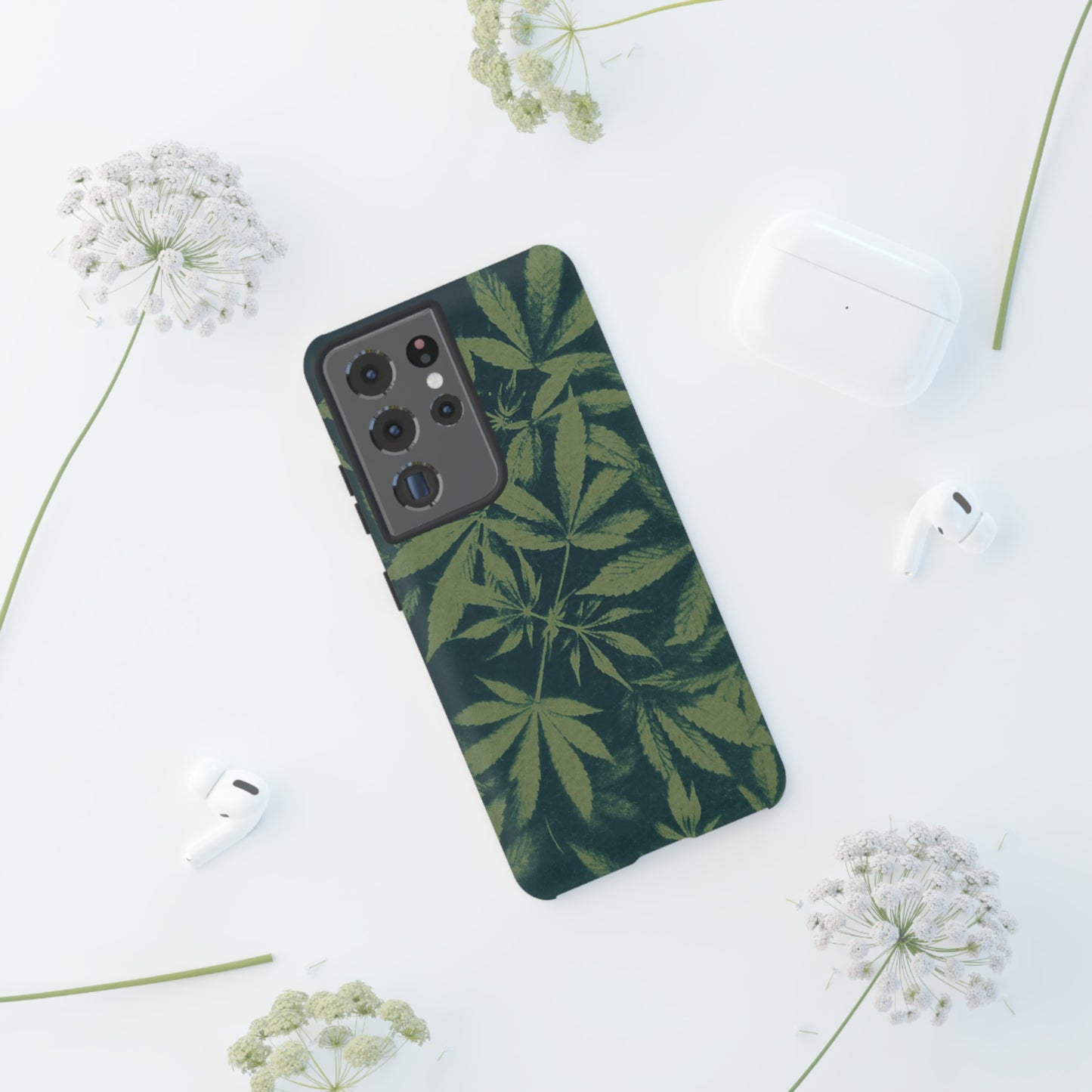 Tough Cell Phone Cases - Cannabis Field Cyanotype on Olive Print