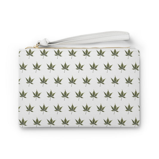 Vegan Leather Clutch Bag - Cannabis Leaf Print on White