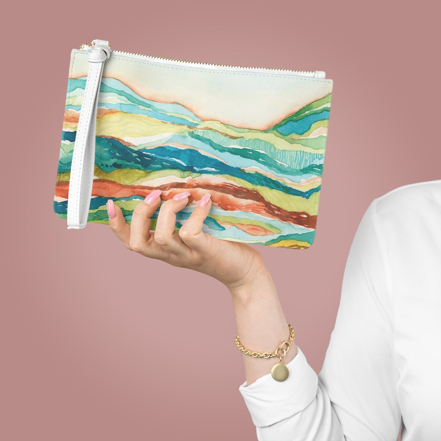 Vegan Leather Clutch Bag - Watercolor Mountains