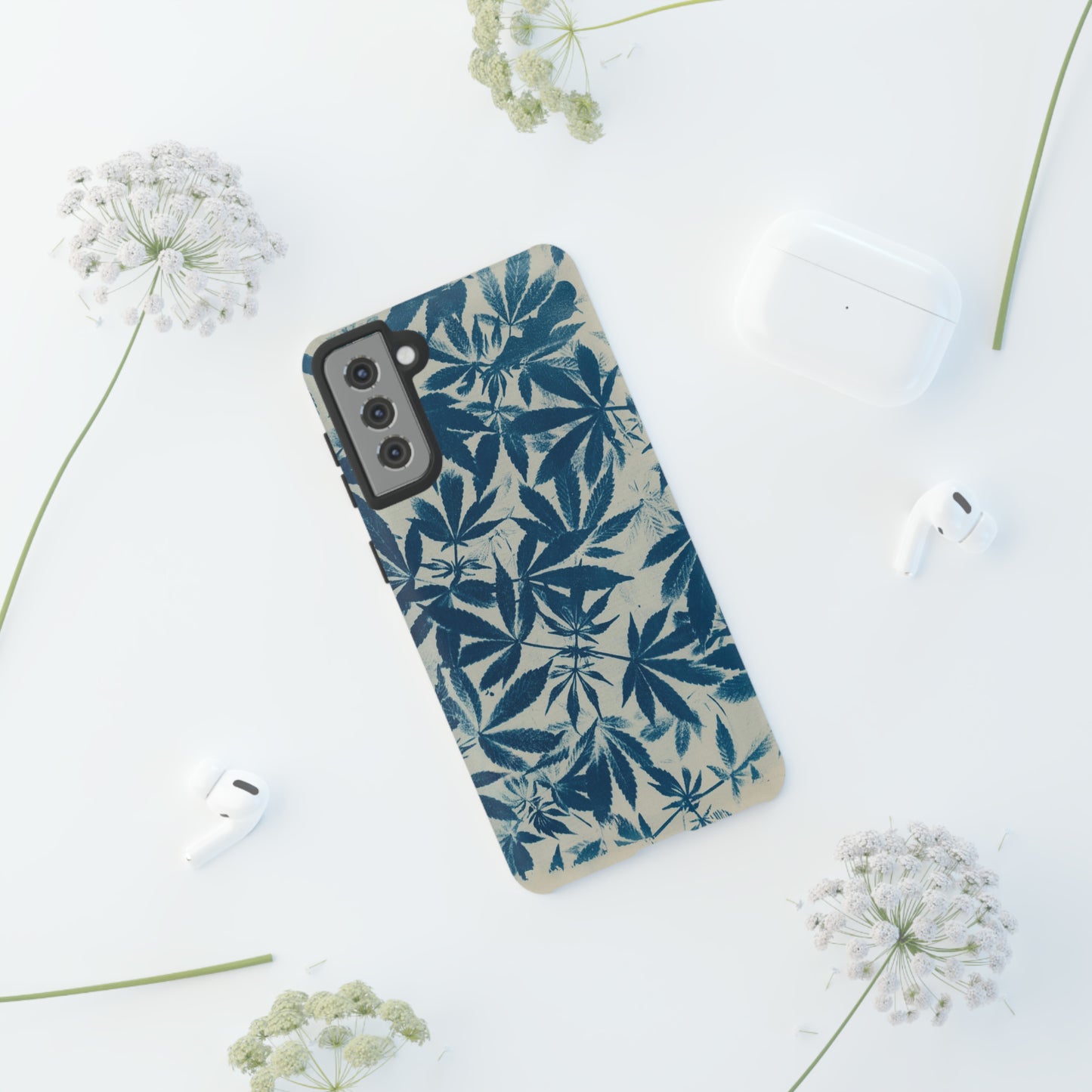 Tough Cell Phone Cases -Cannabis Field Cyanotype on Ivory Print