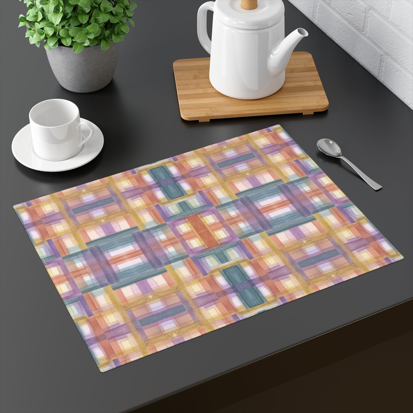 100% Cotton Placemat, 1pc - Painterly Plaid, Warm Colors