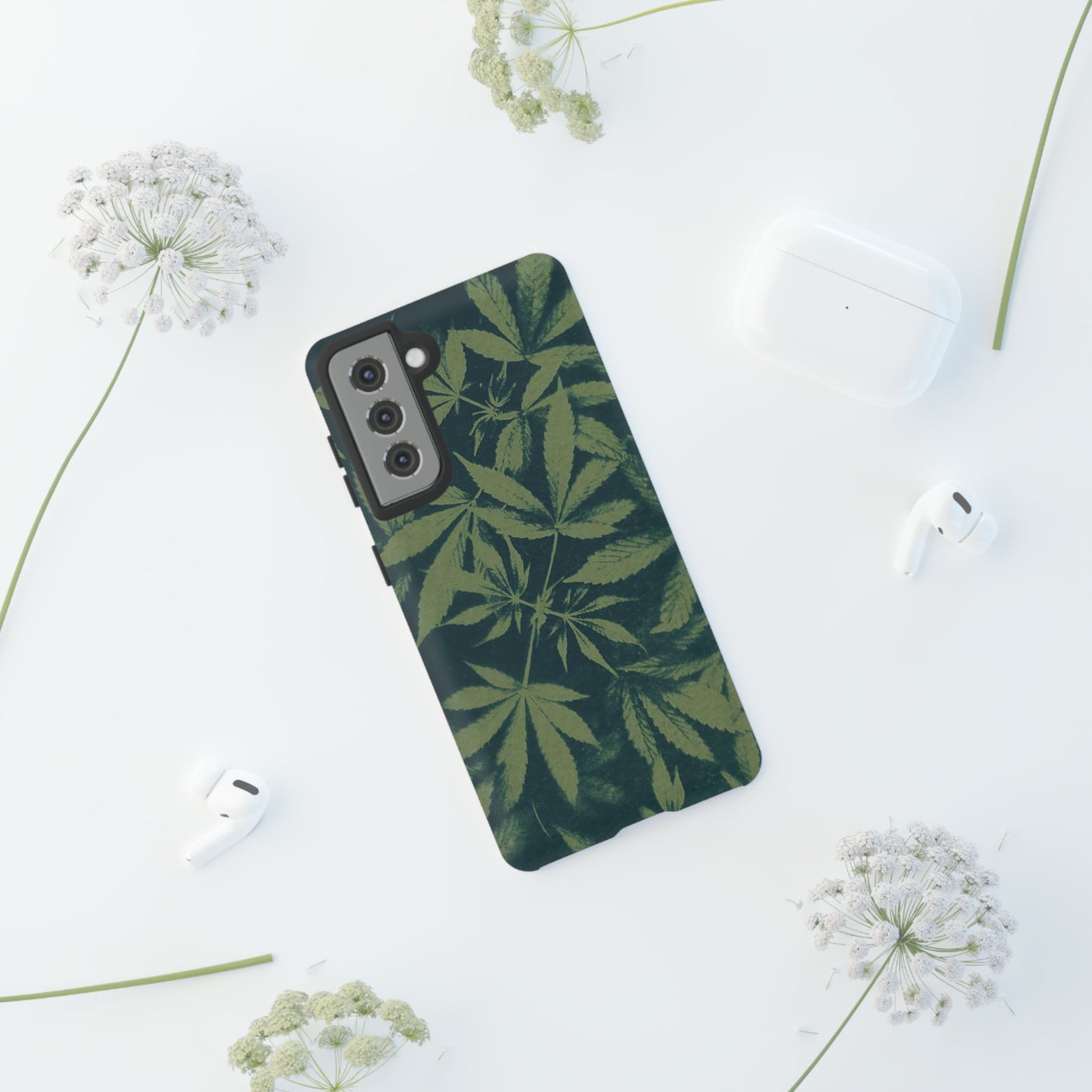 Tough Cell Phone Cases - Cannabis Field Cyanotype on Olive Print