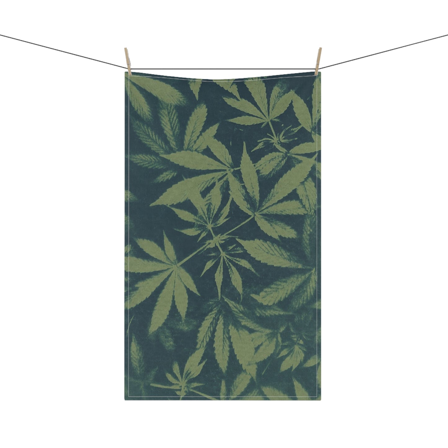 100% Cotton Twill Kitchen Towel - Cannabis Field Cyanotype on Olive Print